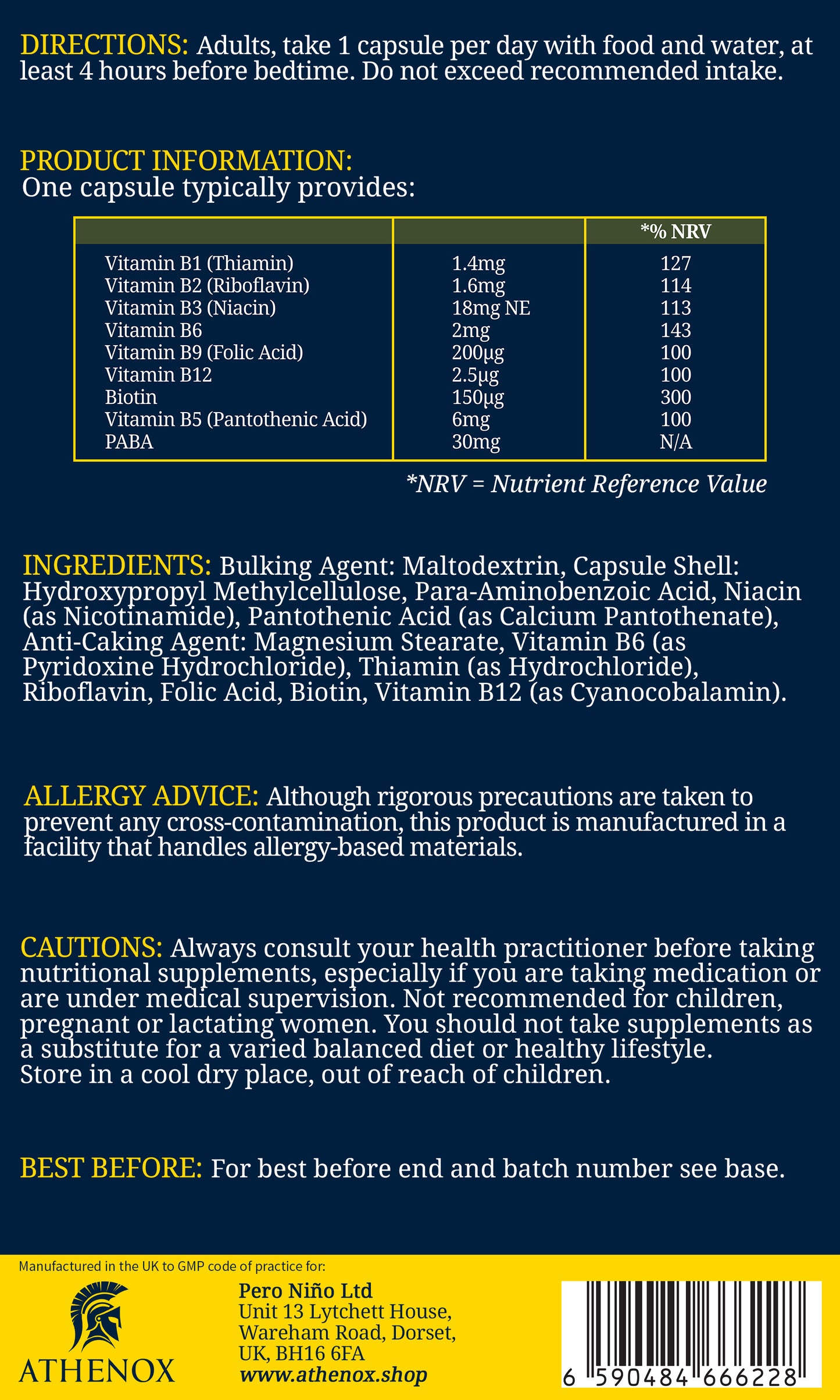 ATHENOX Daily Vitality B-Complex | Complete B Vitamin Support | 120 Capsules